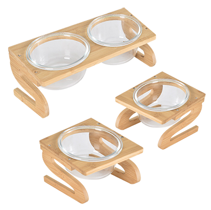 日式竹S架寵物玻璃碗 玻璃飛碟碗 碗架 3種尺寸