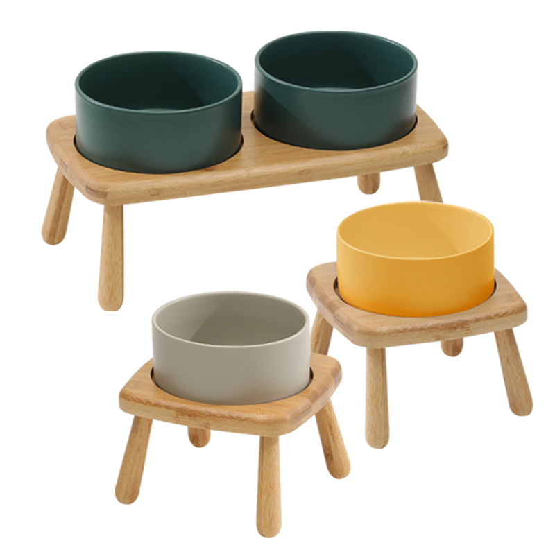 高腳木架陶瓷寵物碗 護頸寵物碗 木碗架 2種尺寸