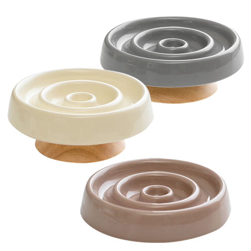 陶瓷圓圈寵物慢食碗 防暴食 飲食控制 護頸 實木底座 寵物碗 3色