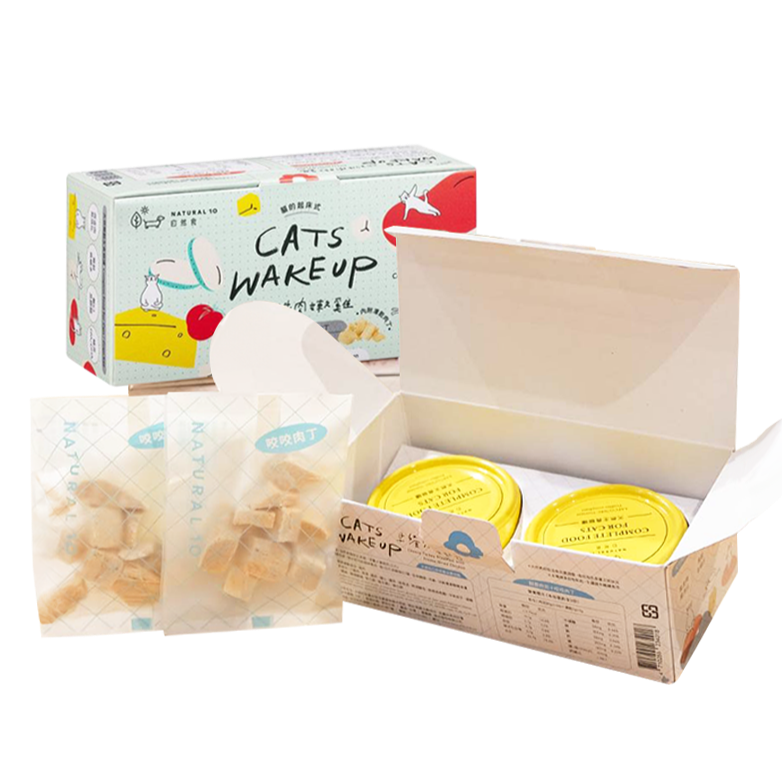 NATURAL10自然食 貓的起床式 天然無穀主食罐 早餐火雞起司 / 比利牛肉嫩雞 80gx2罐 + 咬咬肉丁5g x 2包