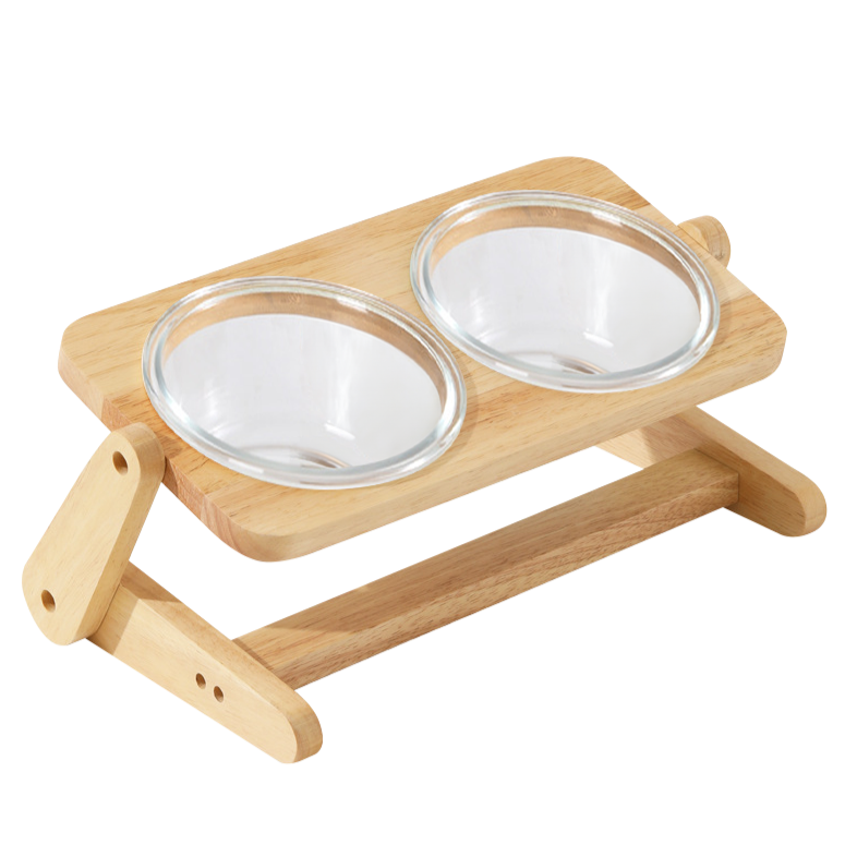 百變木架玻璃飛碟寵物碗 橡木碗架 2種尺寸 高度角度可調節