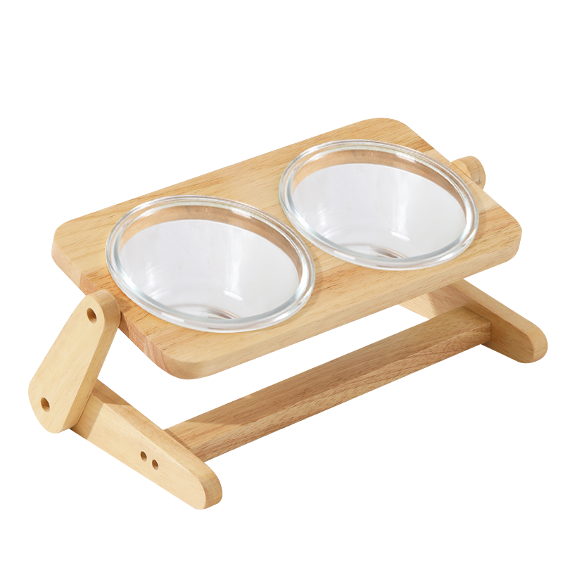 百變木架玻璃飛碟寵物碗 橡木碗架 2種尺寸 高度角度可調節