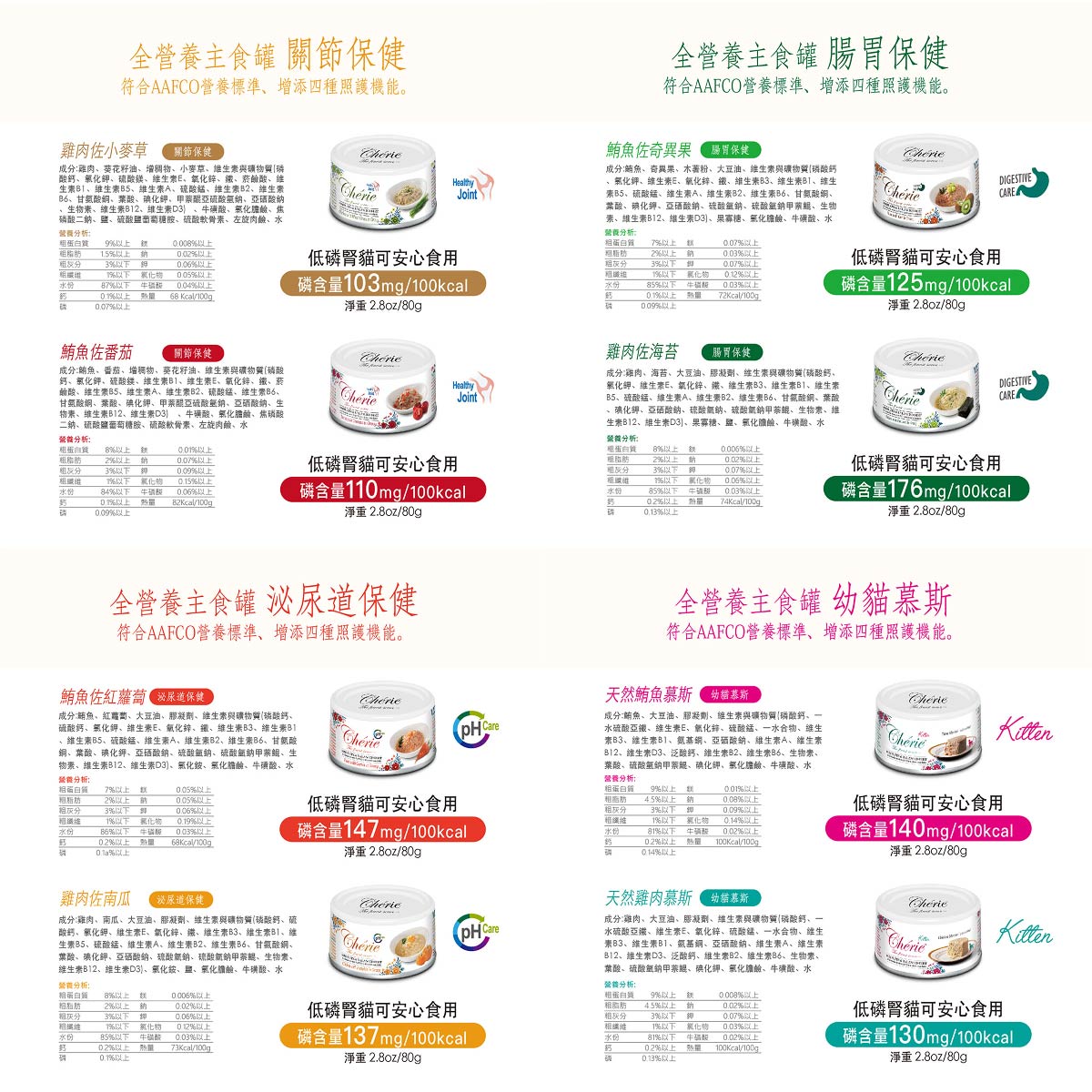 Cherie法麗 全營養主食罐系列 皮毛保健 / 泌尿道保健 / 腸胃保健 / 關節保健 80g x 24罐/箱