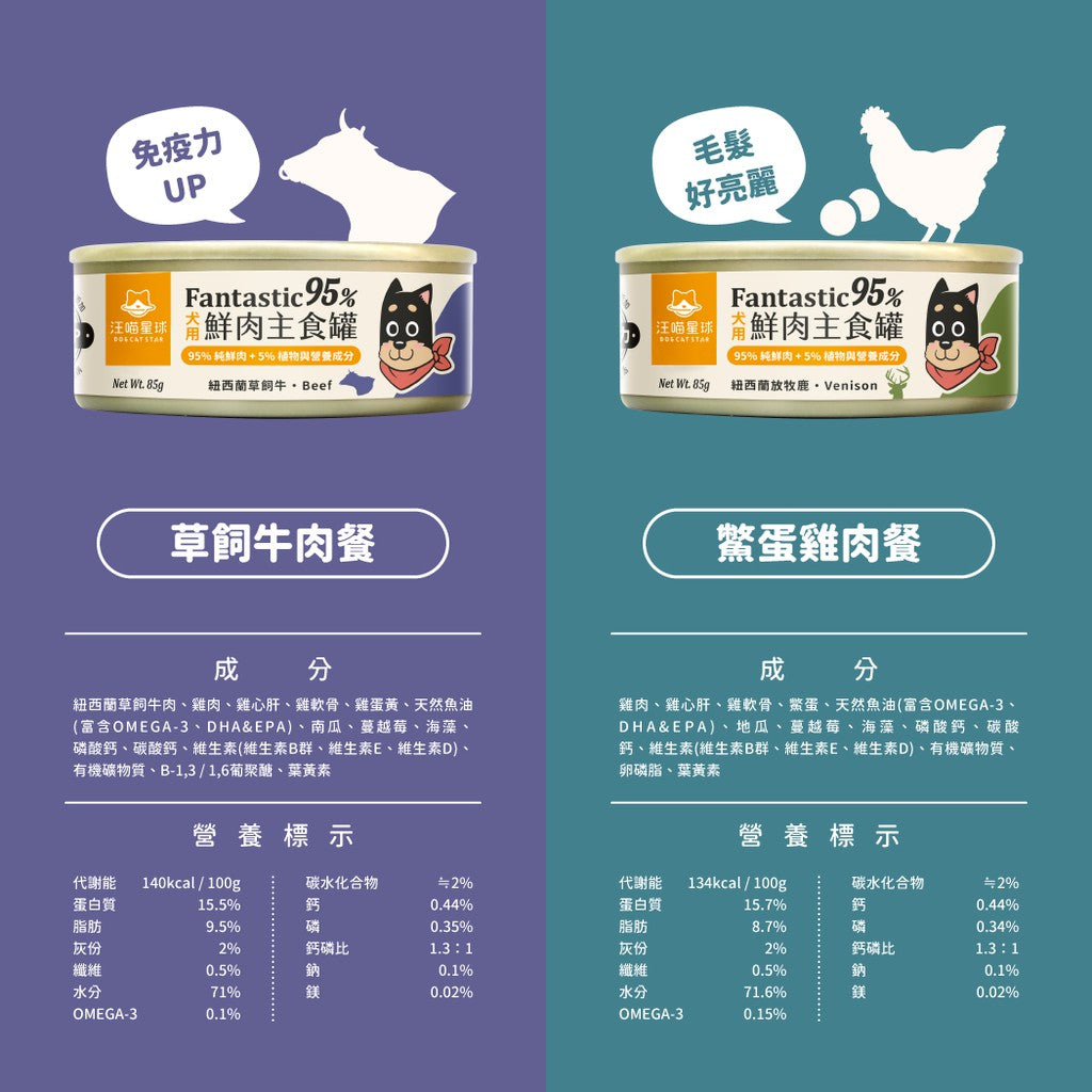 DogCatStar汪喵星球 犬用Fantastic 95%鮮肉無膠主食罐 85g x 24罐 | 165g x 12罐/箱