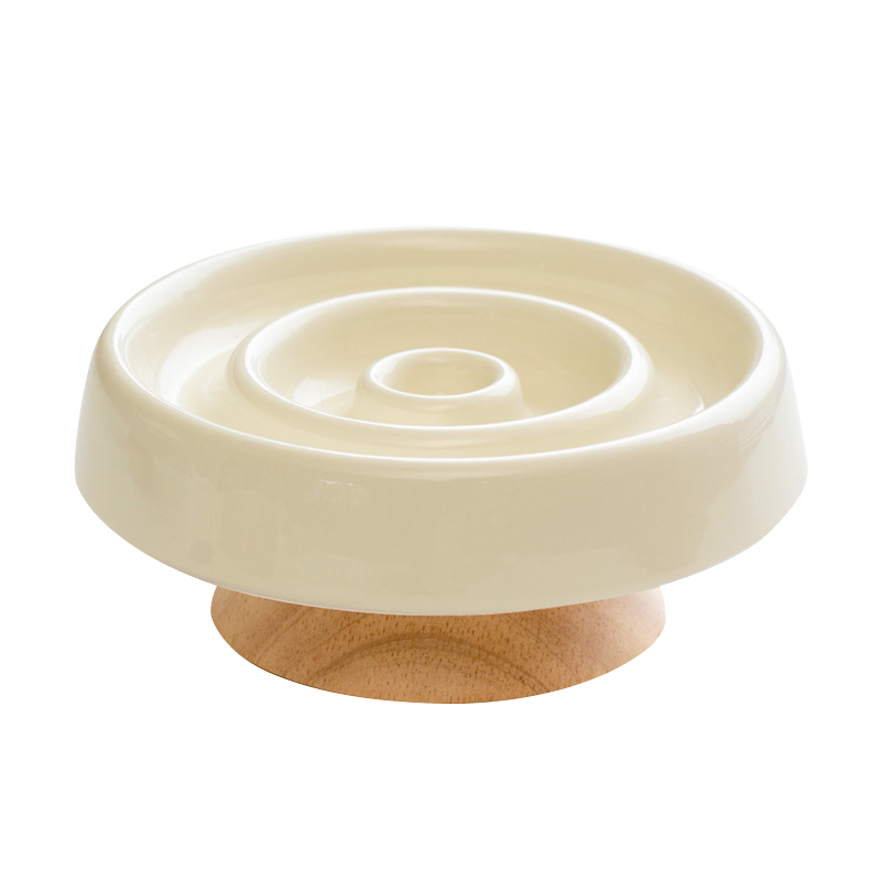 陶瓷圓圈寵物慢食碗 防暴食 飲食控制 護頸 實木底座 寵物碗 3色