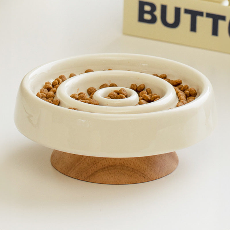 陶瓷圓圈寵物慢食碗 防暴食 飲食控制 護頸 實木底座 寵物碗 3色