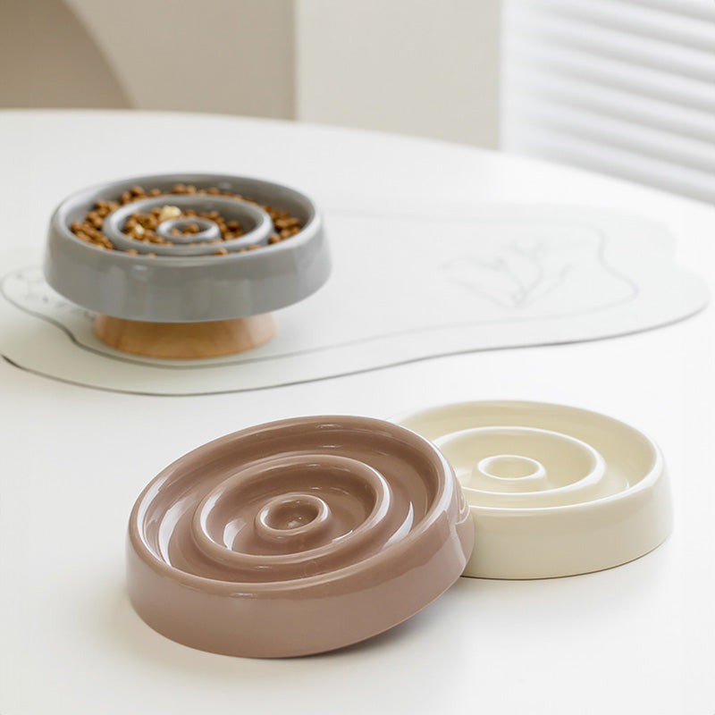 陶瓷圓圈寵物慢食碗 防暴食 飲食控制 護頸 實木底座 寵物碗 3色