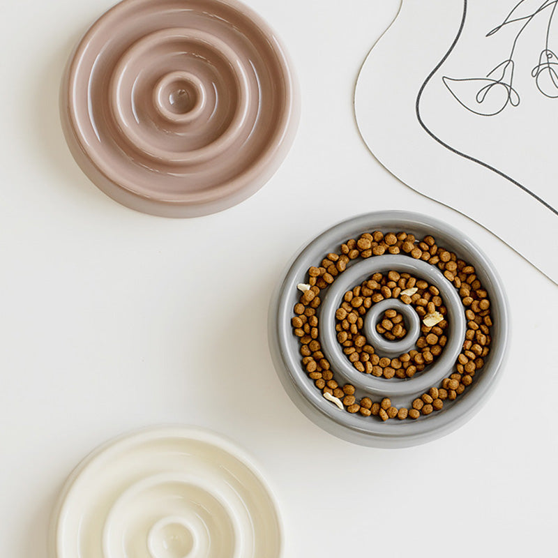 陶瓷圓圈寵物慢食碗 防暴食 飲食控制 護頸 實木底座 寵物碗 3色