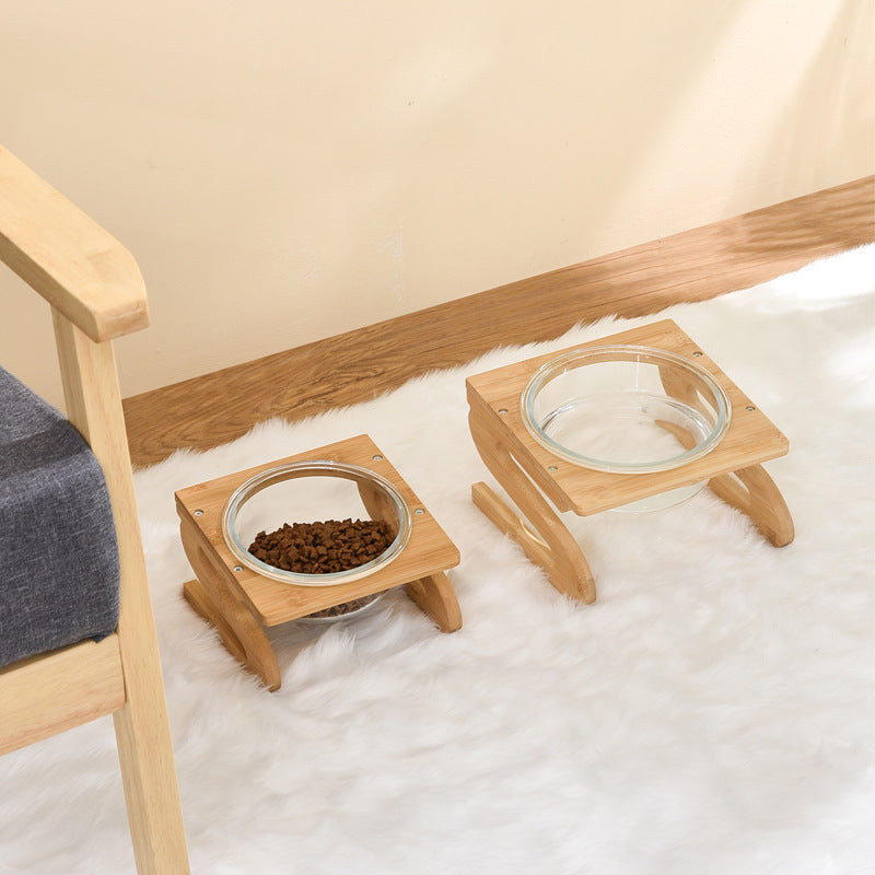 日式竹S架寵物玻璃碗 玻璃飛碟碗 碗架 3種尺寸