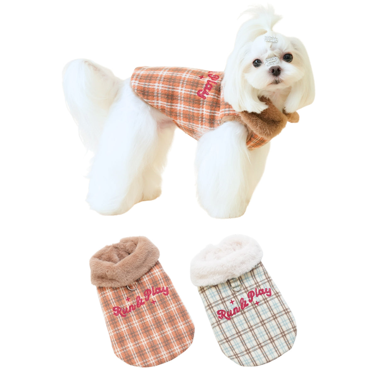 PETTRIP 繡花毛領毛呢格子馬甲