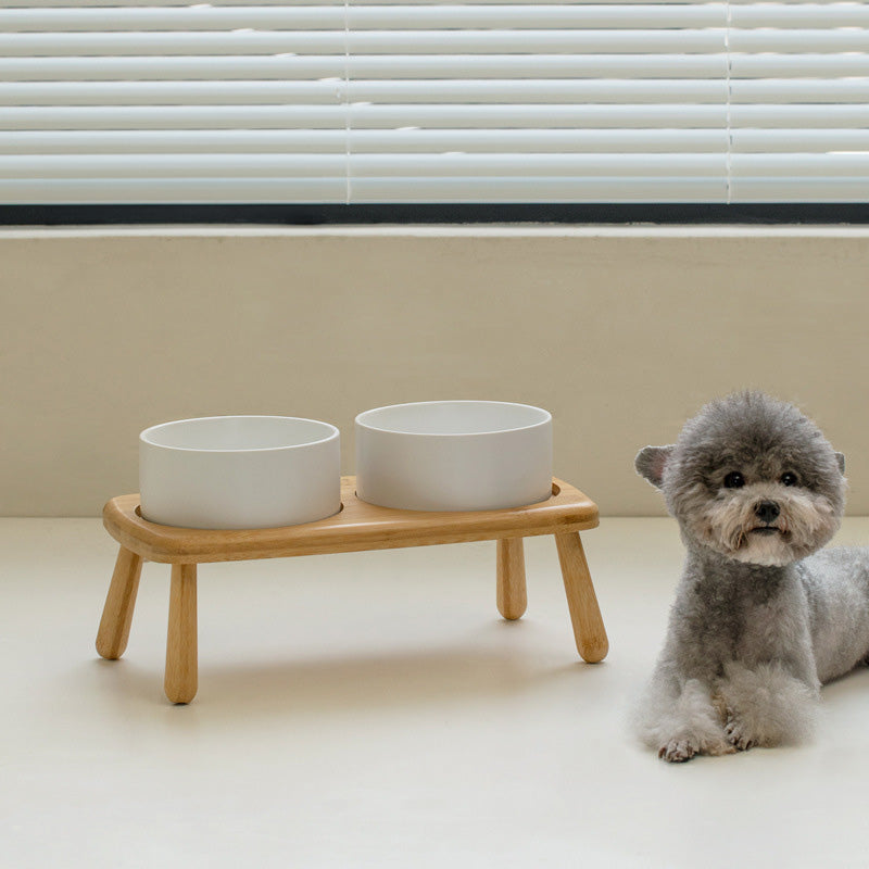 高腳木架陶瓷寵物碗 護頸寵物碗 木碗架 2種尺寸