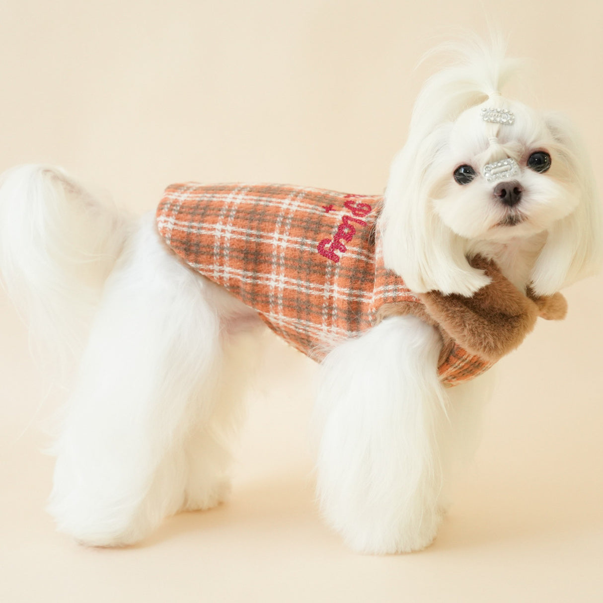 PETTRIP 繡花毛領毛呢格子馬甲