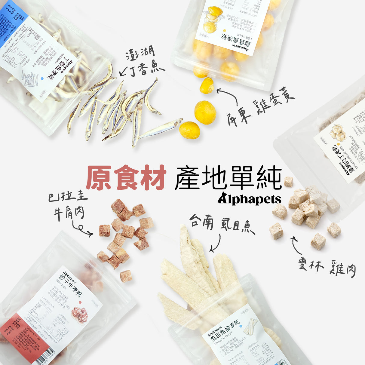 ALPHA 生凍乾 | 雞蛋黃. 骰子牛. 虱目魚柳. 丁香魚. 雞胸肉丁