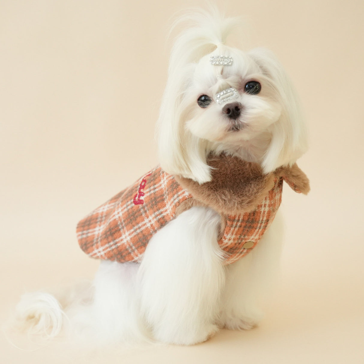 PETTRIP 繡花毛領毛呢格子馬甲