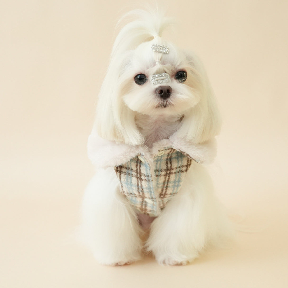 PETTRIP 繡花毛領毛呢格子馬甲