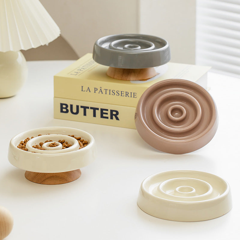 陶瓷圓圈寵物慢食碗 防暴食 飲食控制 護頸 實木底座 寵物碗 3色