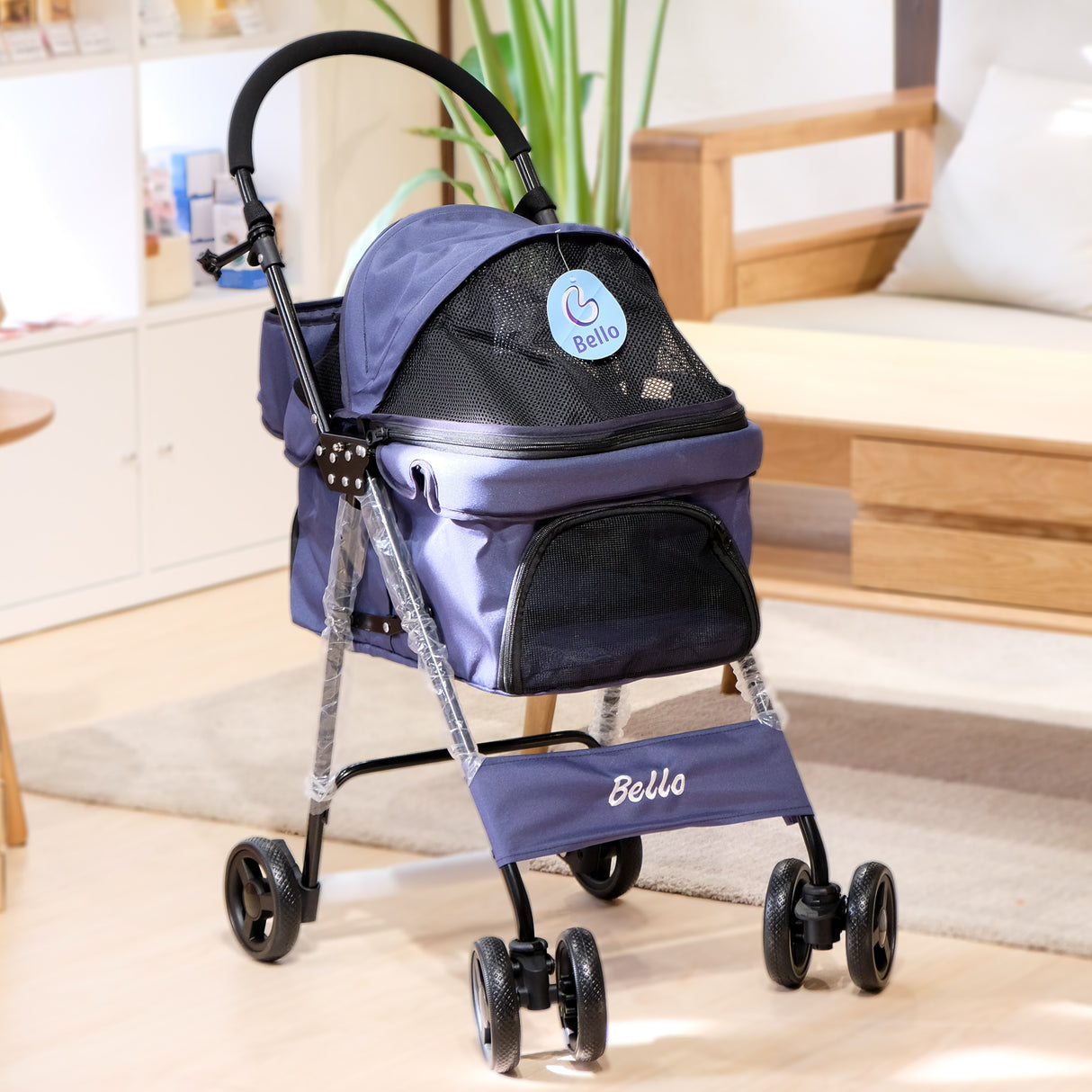 Bello BL07 時尚輕巧 透氣款摺疊寵物手推車 深藍透氣款
