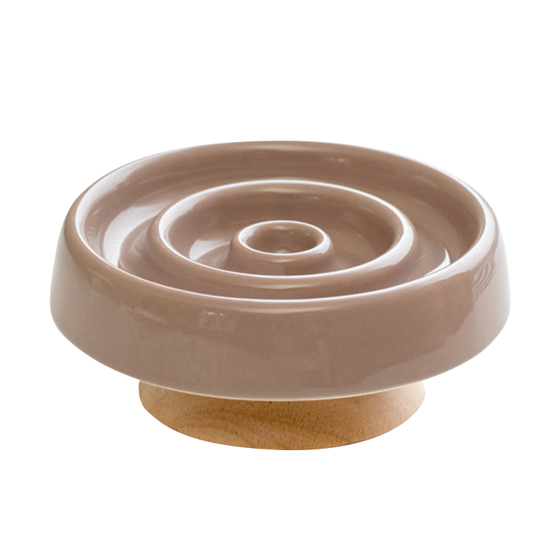 陶瓷圓圈寵物慢食碗 防暴食 飲食控制 護頸 實木底座 寵物碗 3色