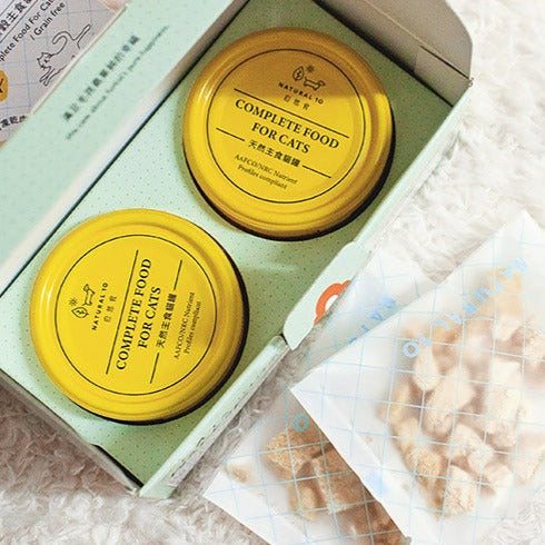 NATURAL10自然食 貓的起床式 天然無穀主食罐 早餐火雞起司 / 比利牛肉嫩雞 80gx2罐 + 咬咬肉丁5g x 2包