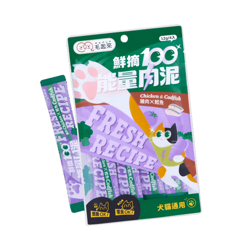 Maoup毛起來 鮮摘100能量肉泥 犬貓零食 12g x 4條/袋