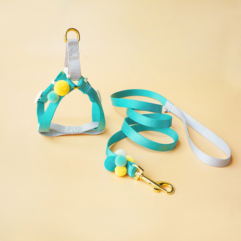 Felizpaws 狗狗毛球胸背帶牽繩組 小型犬 櫻花粉 / 湖水綠