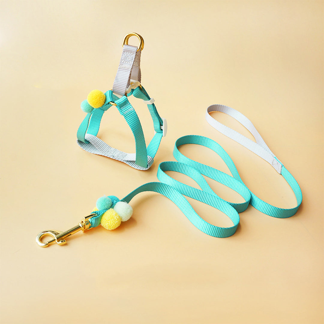 Felizpaws 狗狗毛球胸背帶牽繩組 小型犬 櫻花粉 / 湖水綠