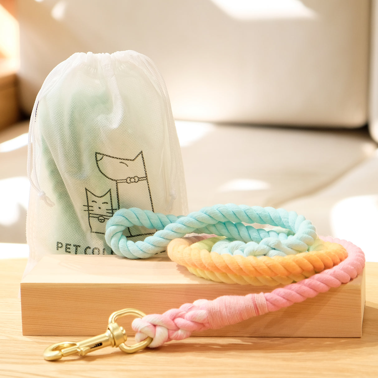 寵物手工編織棉繩 漸變色牽繩 彩虹 / 粉白 / 綠白