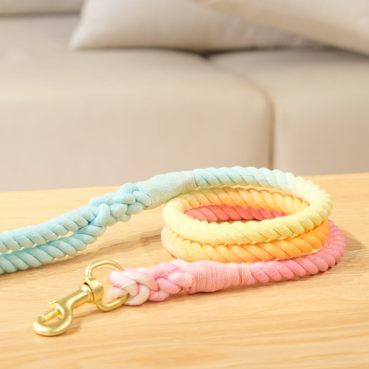 寵物手工編織棉繩 漸變色牽繩 彩虹 / 粉白 / 綠白
