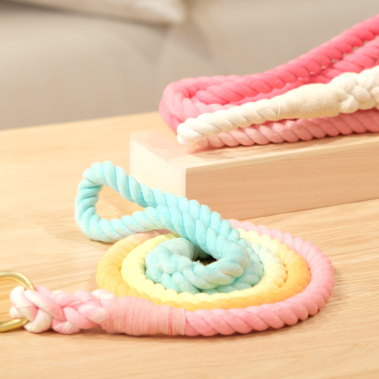 寵物手工編織棉繩 漸變色牽繩 彩虹 / 粉白 / 綠白