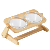 百變木架玻璃飛碟寵物碗 橡木碗架 2種尺寸 高度角度可調節