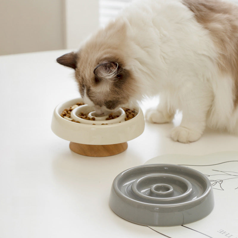 陶瓷圓圈寵物慢食碗 防暴食 飲食控制 護頸 實木底座 寵物碗 3色