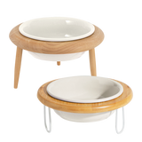 竹圈鐵架/橡木圈架 陶瓷飛碟寵物碗 米白色